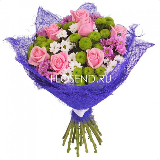 Букет из розовых роз и хризантем - фото 2