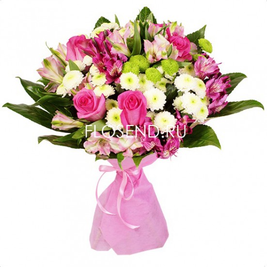 Букет из роз, хризантем и альстромерий - фото 3
